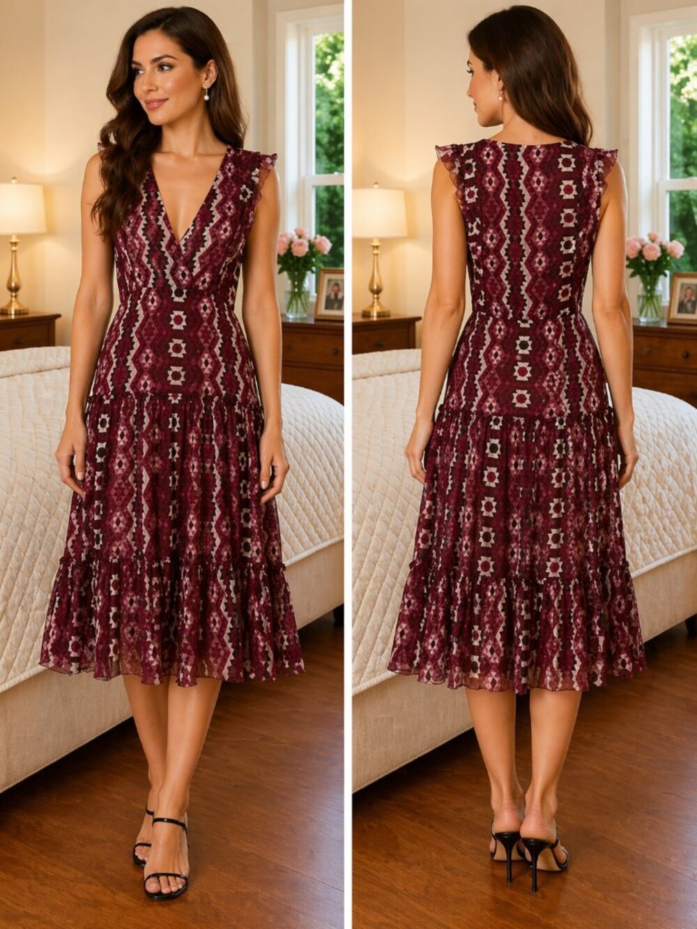 NEW Altuzarra Maroon Silk Aztec Print Midi Dress $1,595